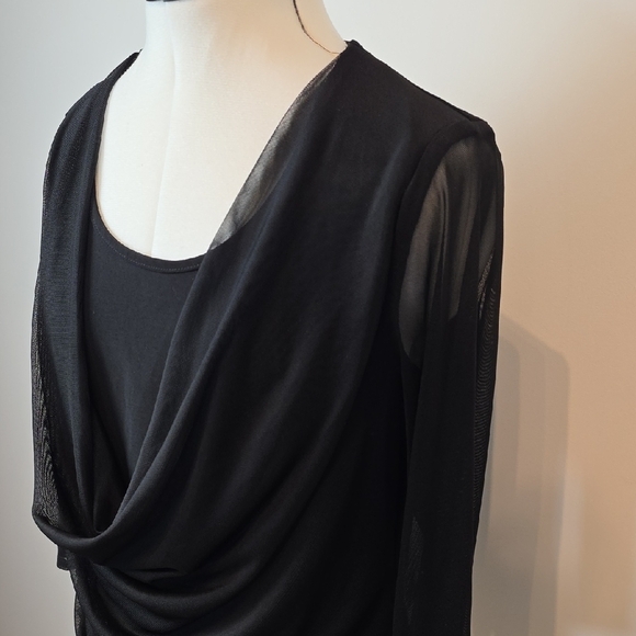 Frank Lyman Black Draped Mesh Sleeve Top Size 12 - Picture 3 of 8